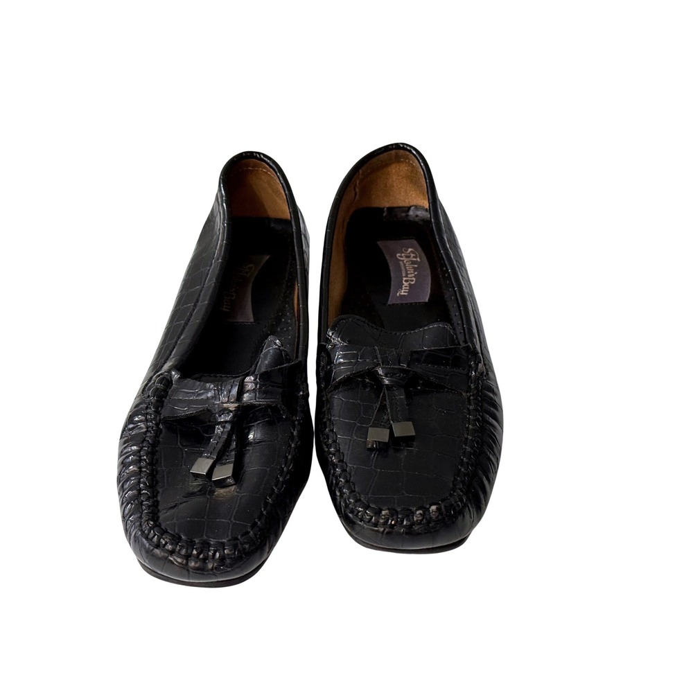 St Johns Bay Women's Black Croc Embossed Tassel Flats Loafers 8M